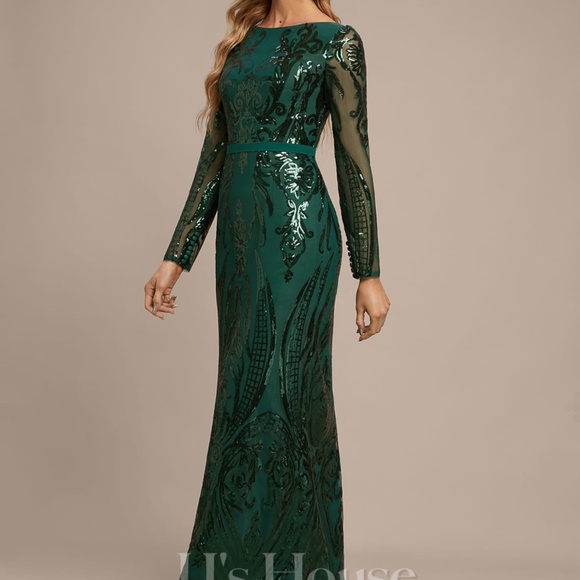 Sheath/Column Boat Neck Ankle Length Sequin Evening Dress - Picture 2 of 3